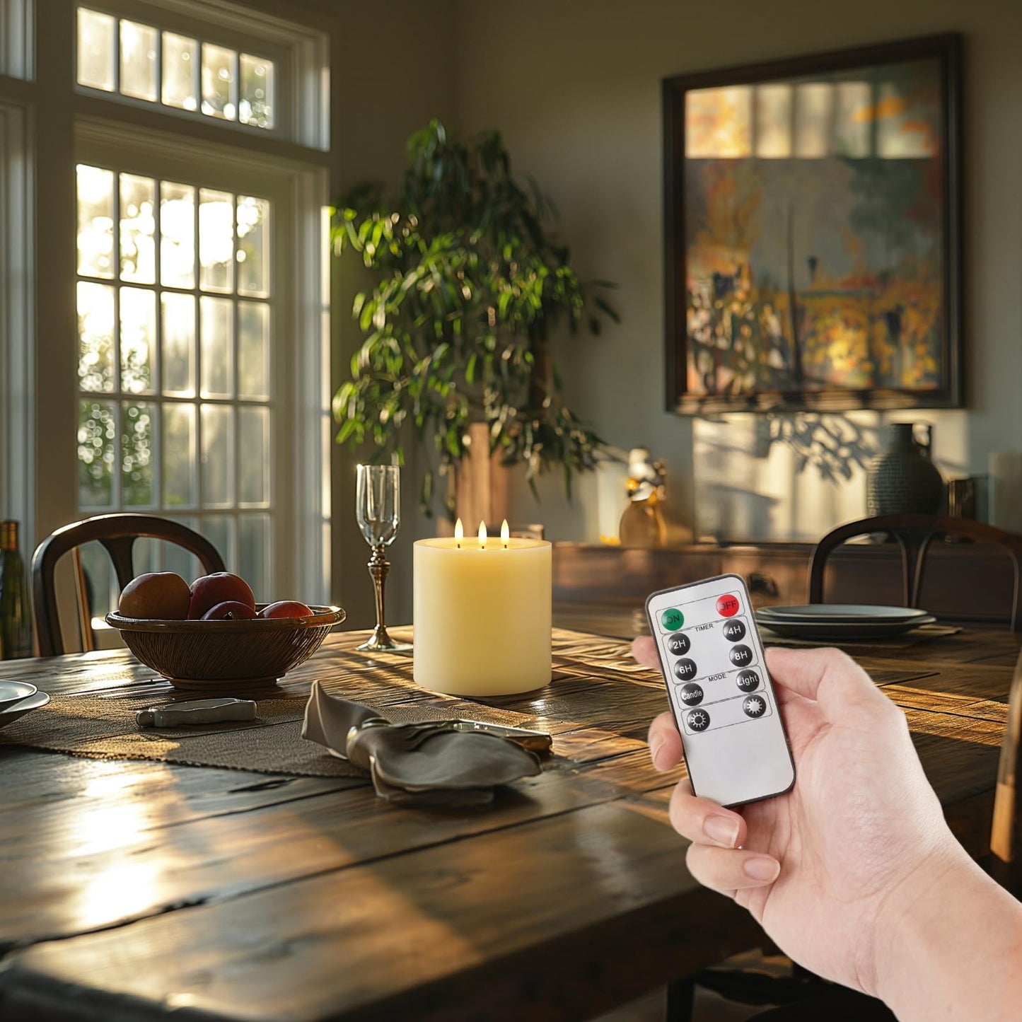 Amagic 3 Wicks Extra Large Flameless Candles, Battery Operated Candles with Remote Control and Timers, 6-inch Diameter LED Pillar Candles, Real Wax, Liquid Effect, Ivory, 6"x6"