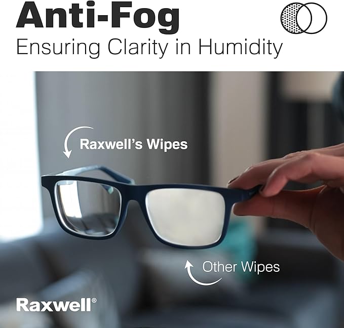 Raxwell Glasses Cleaner Wipes - 200 Count, White, Unscented - Streak-Free Anti-Fog Lens Cleaner & Screen Wipes for All Eyewear & Devices - Portable Individually Wrapped Sachets