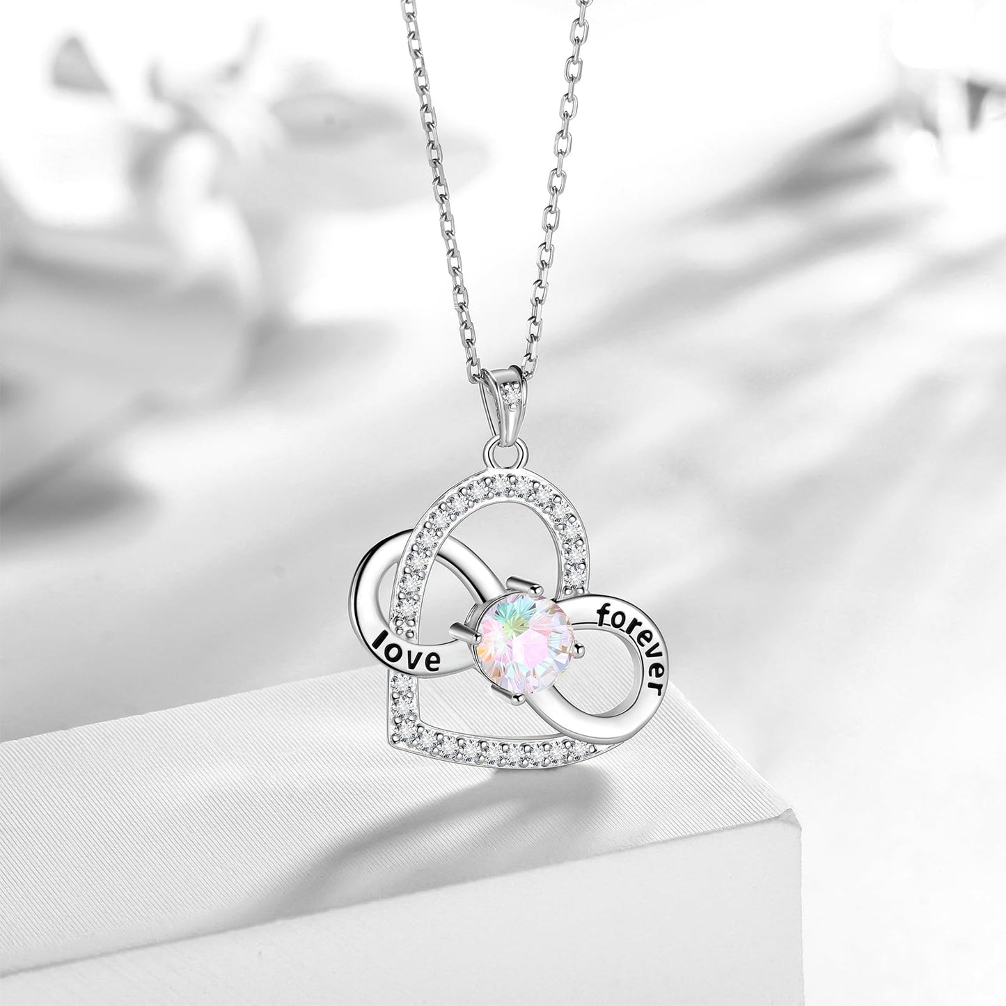 Birthstone Love Heart Infinity Pendant Necklace - 925 Sterling Silver Firework-Cut Cubic Zirconia Love Forever Infinity Necklace Anniversary Birthday Jewelry Gift for Women Wife Mom Daughter (04-April)