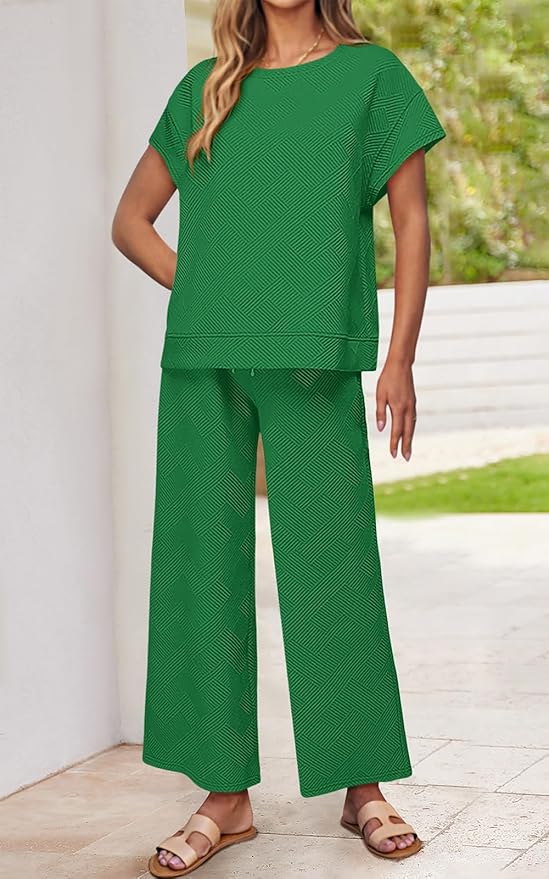 PRETTYGARDEN 2 Piece Outfits For Women Casual Tracksuit Short Sleeve Tops And Wide Leg Long Pants Matching Lounge Sets