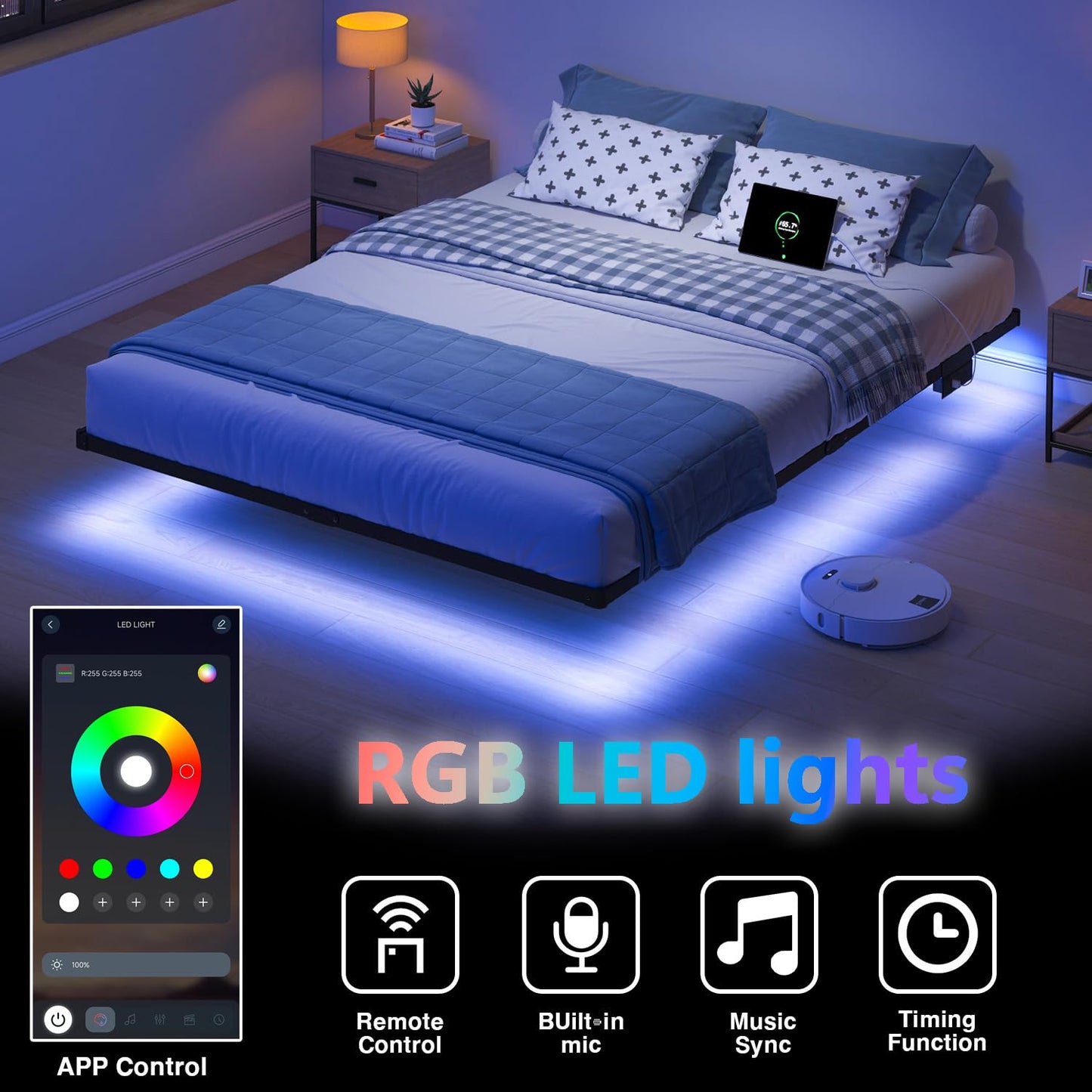 HAVONIZD Floating Bed Frame Queen with LED Lights and Charging Station - 8 inch Platform Bed Frame No Box Spring Needed, Easy Assembly