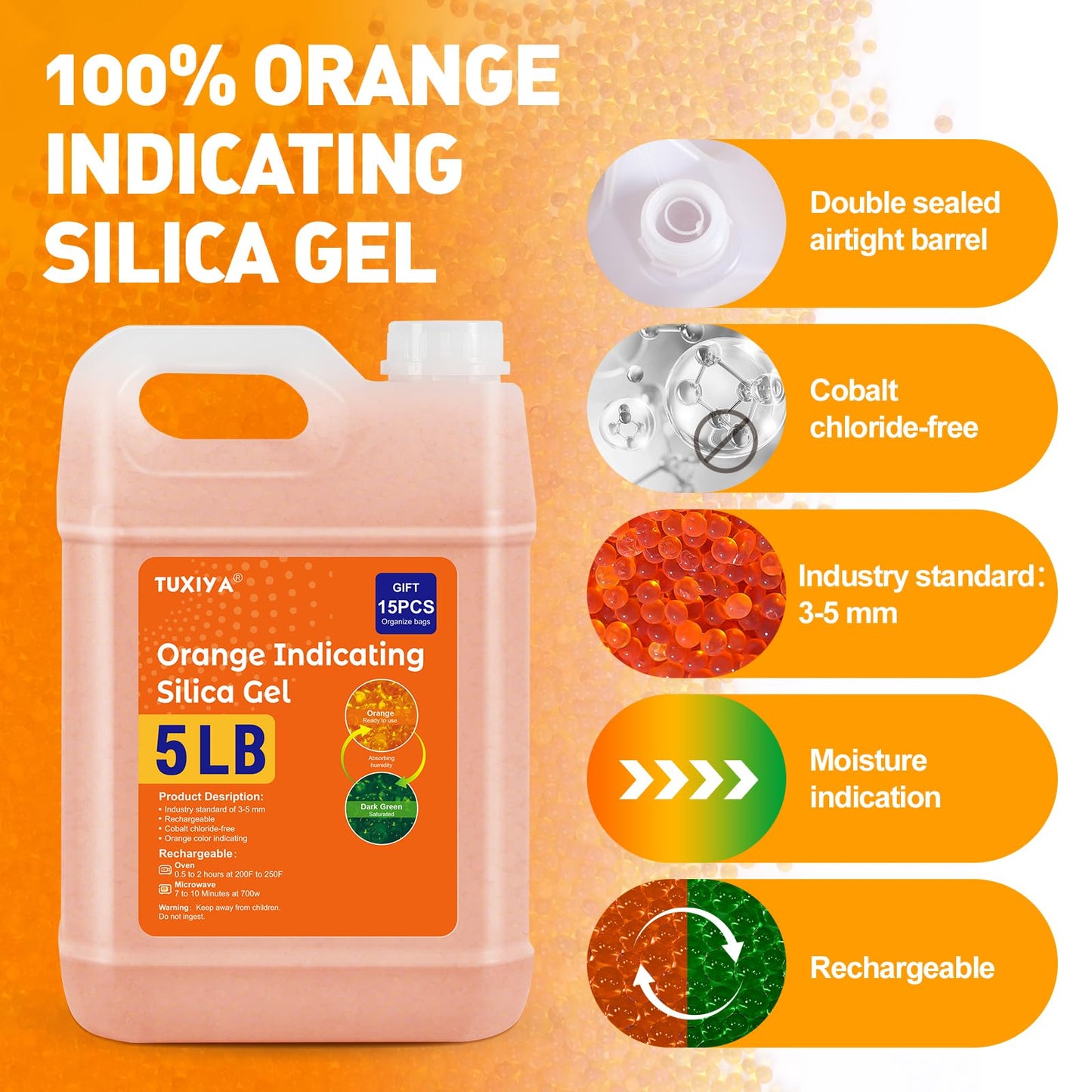 TUXIYA 5 LBS Orange Indicating Silica Gel Desiccant Beads,(Industry Standard 3-5 mm) Rechargeable Silica Gel Beads for 3D Filament, Electronic Devices, Camera, Jewelry, Safe(15PCS Organza Bag)