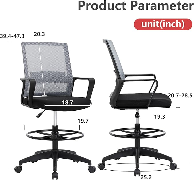 BestOffice Drafting Chair Tall Office Chair Adjustable Swivel Rolling Mesh Height with Lumbar Support Arms Footrest Mid Back for Adults Standing Desk Drafting Stool (Ashy)