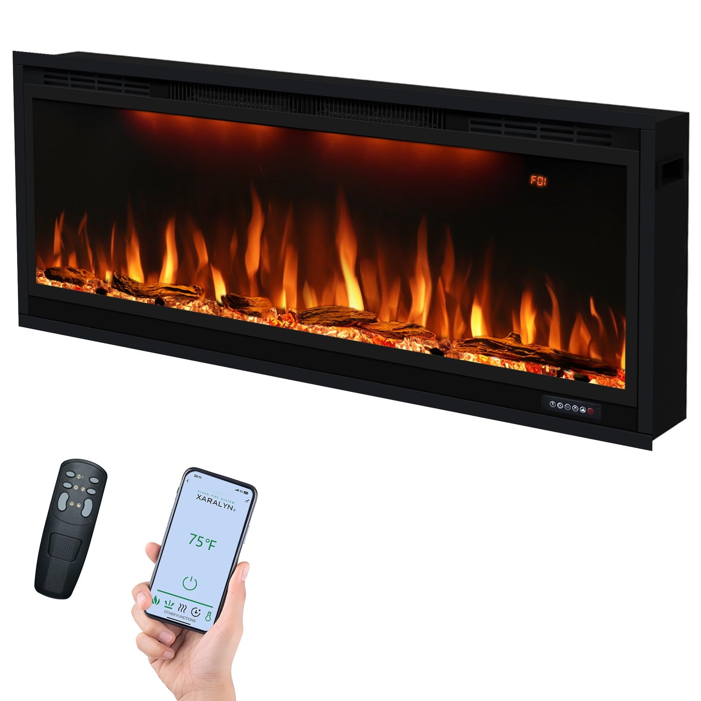 42 inch Smart Electric Fireplace with App Control, Wall Mount & in Wall recessed Fireplace Inserts, Multicolor Flame w/Realistic Log &Crystals, Overheating Protection and Timer, 750W/1500W, Black