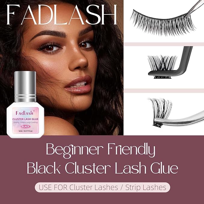 FADLASH Lash Cluster Glue Black Eyelash Glue for DIY Lash Extensions Waterproof 2-3s Fast Drying 2 Weeks Retention Long-Lasting at Home (5ml)