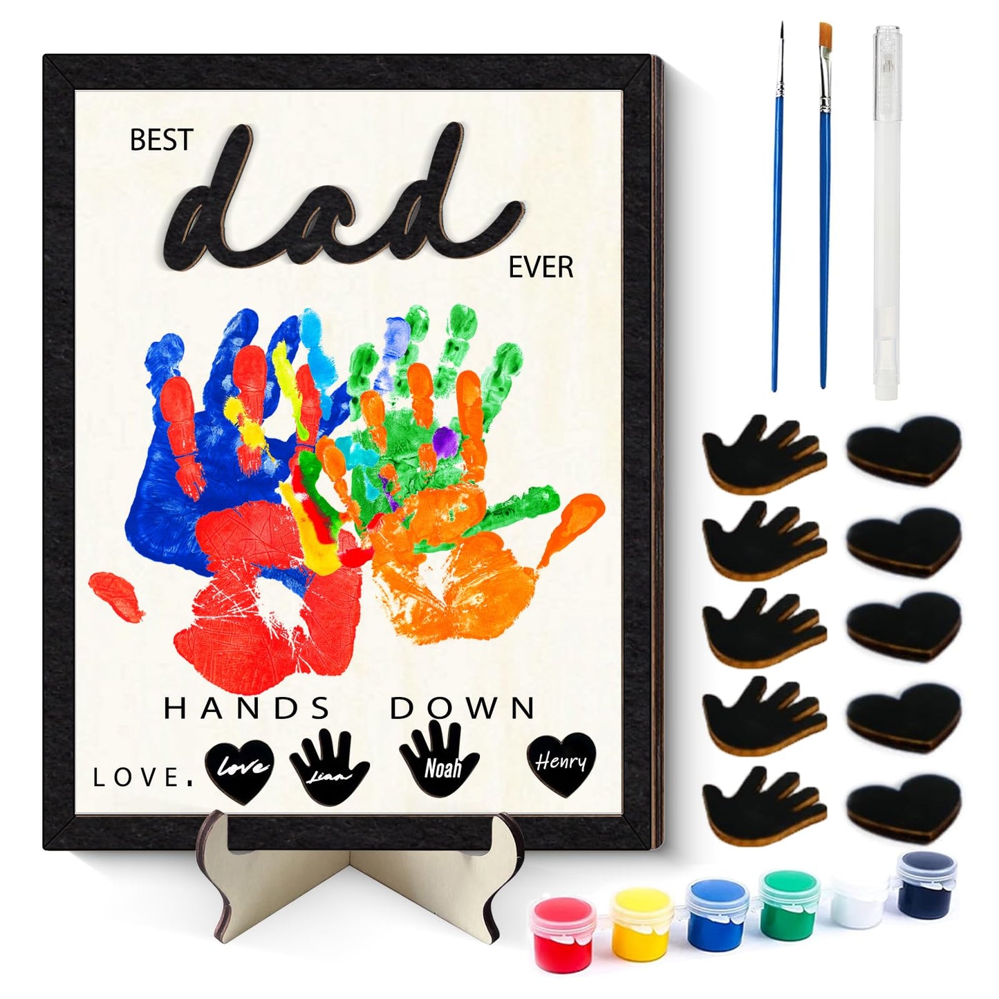 GTYRERO 12'' Best Dad Ever Hands Down Craft Kit Gifts Ideas for Dad, DIY Handprint Art Craft Frame with Paints & Accessories Wood Family Sign Keepsake for Grandpa Stepdad Daddy Papa Birthday Gifts