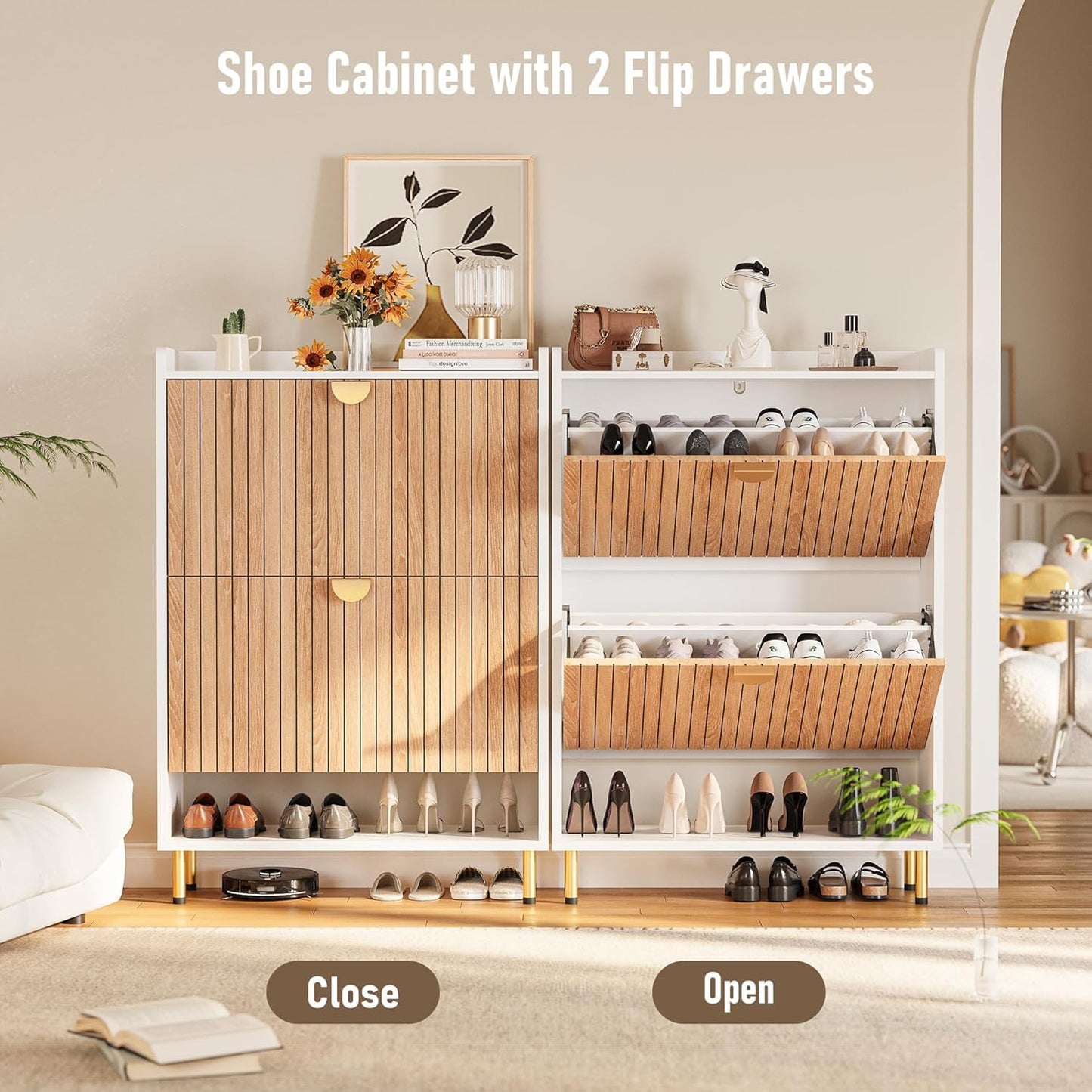 astimey Shoe Storage Cabinet with 2 Flip Drawers 46'' Tall, 7-Tier Hidden Shoe Organizer, Narrow Shoe Rack Cabinet, Freestanding Organizer for Entryway/Hallway/Closet, Wood