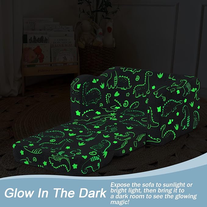 MeMoreCool Kids Dinosaur Couch – Foldable Toddler Chair, Glow-in-The-Dark Flip-Out Sofa, Convertible Lounge Seat for Boys Ages 1–3, Plush Fold-Out Kids Lounger with Washable Cover (Gray)