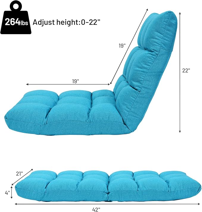 GORELAX Floor Chair with Back Support, 14-Poistion Adjustable Folding Gaming Chair Recliner, Meditation Chair with Steel Frame, Padded Lazy Sofa Chair for Adults, Kids (Turquoise)