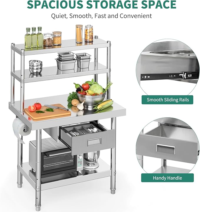 YITAHOME Stainless Steel Adjustable Work Table with 36" 12" Shelf, Overshelves & Drawer - NSF Metal Prep Table for Kitchen, Home, Restaurant & More
