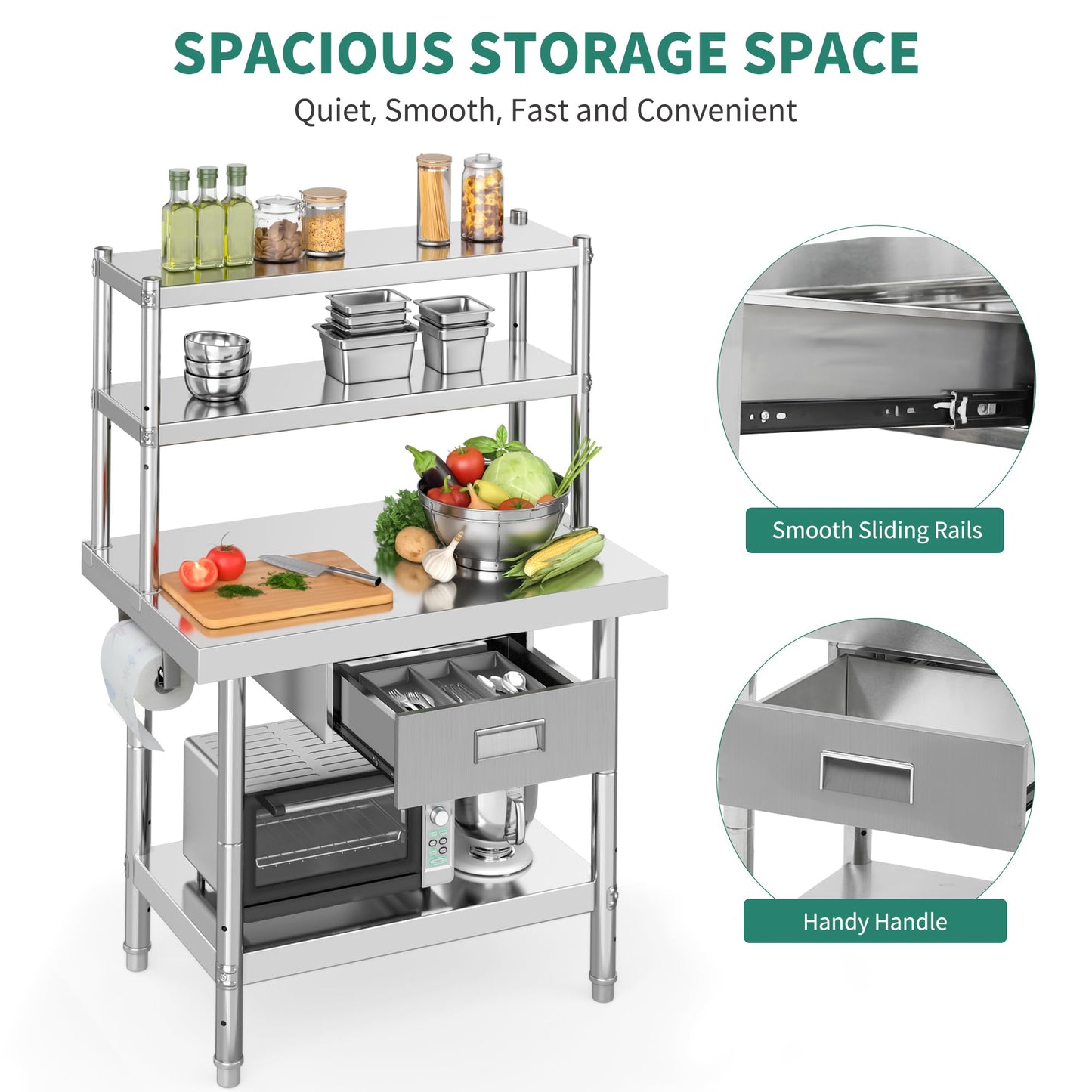 YITAHOME Stainless Steel Adjustable Work Table with 36" 12" Shelf, Overshelves & Drawer - NSF Metal Prep Table for Kitchen, Home, Restaurant & More
