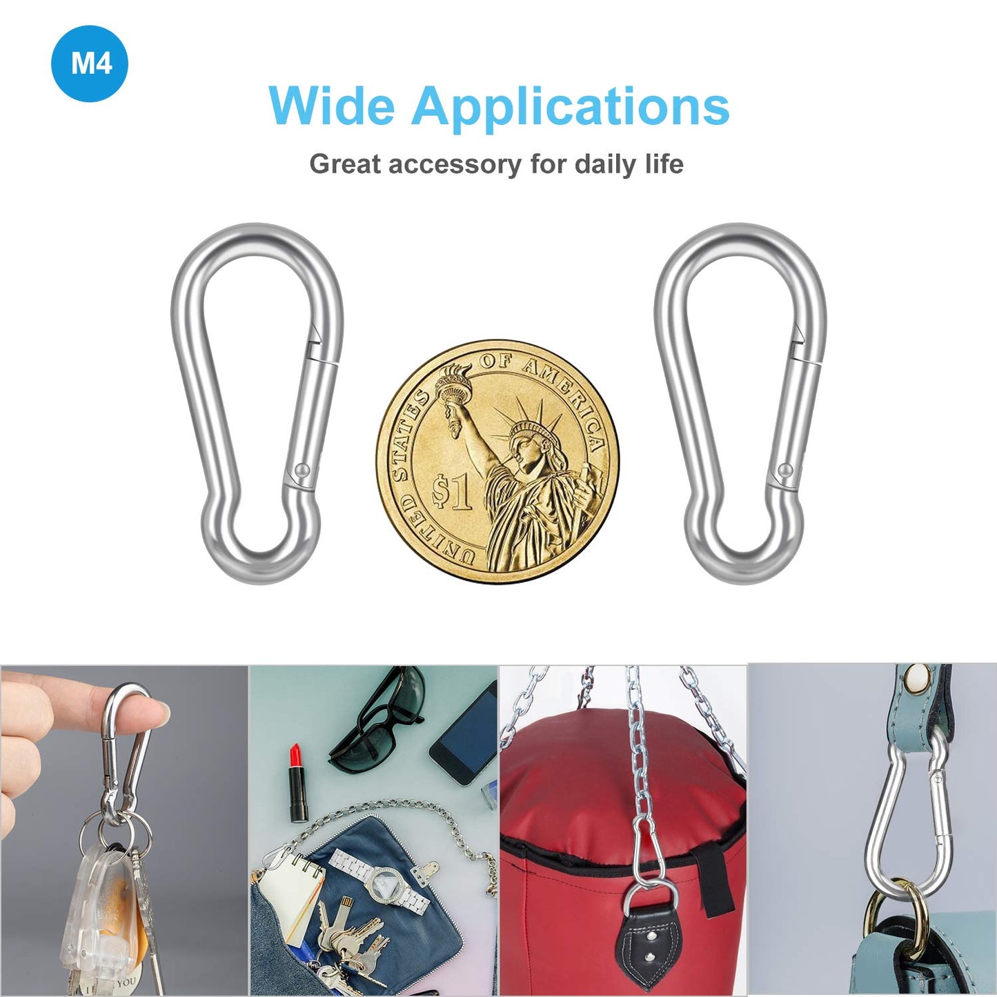 10 PCS Stainless Steel Carabiner Clip Spring-Snap Hook - Lotsun M4 1.57 Inch Heavy Duty Carabiner Clips for Keys Swing Set Camping Fishing Hiking Traveling