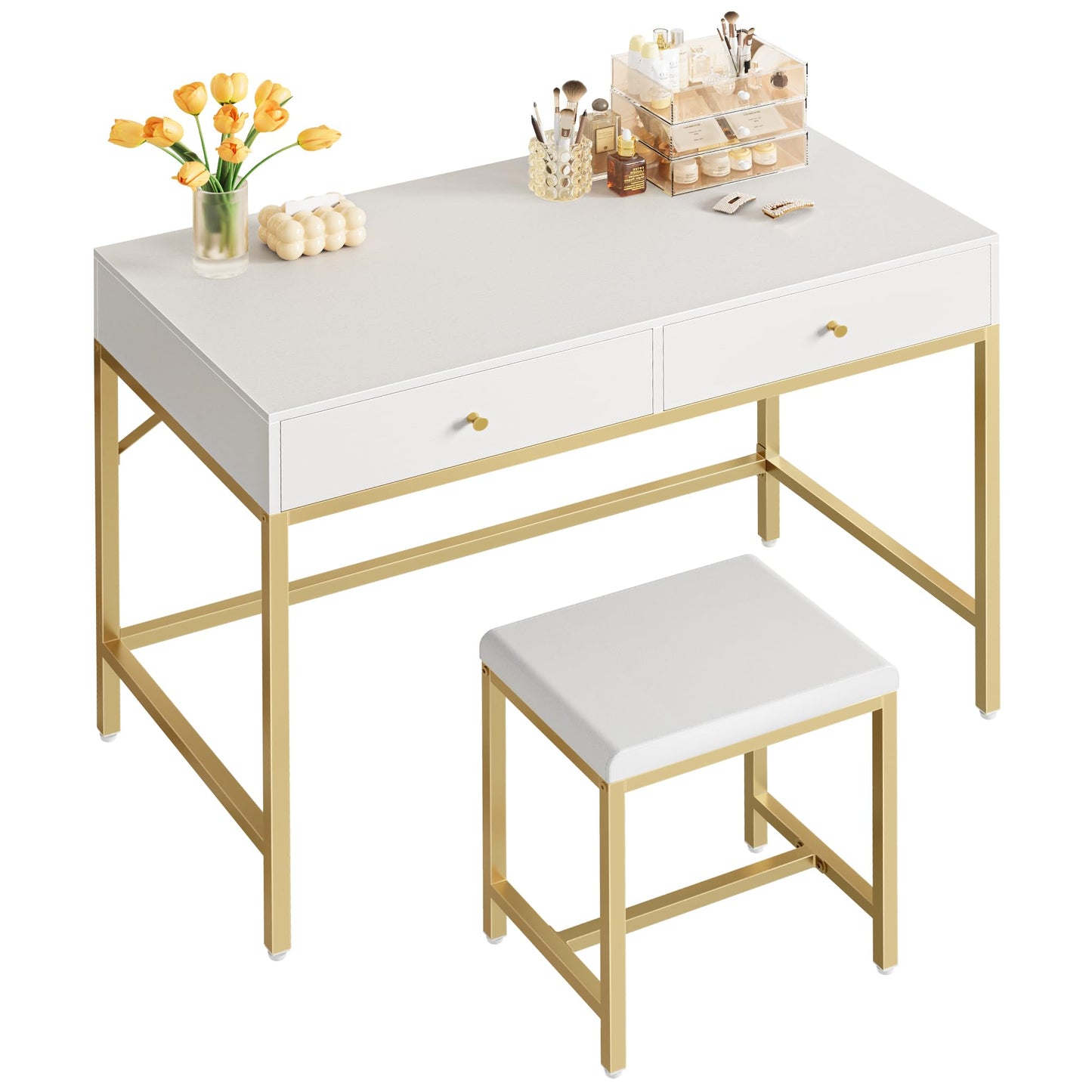 SUPERJARE 35.4" White and Gold Desk with 2 Drawers, Modern Makeup Vanity with Padded Stool, Small Computer Desk Home Office Desk for Writing Study Bedroom