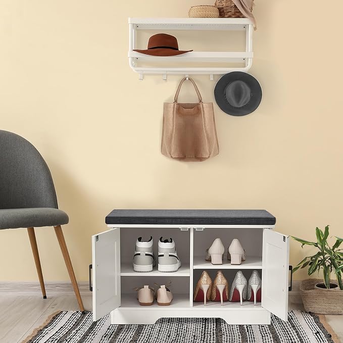 HOMSHO 2-Tier Storage Bench, 27.6" Wide Shoe Bench with Padded Seat Cushion, Entryway Bench with 2 Barn Doors and Adjustable Shelf, White