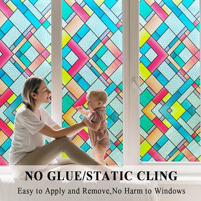 Window Film Privacy Classy Colorful Glazed Tiles Stained Glass Sliding Door Coverings Static Cling Frosted Church Tints Cover Contact Paper Non-Adhesive Heat Control Anti UV Reusble,17.5x78.7in.