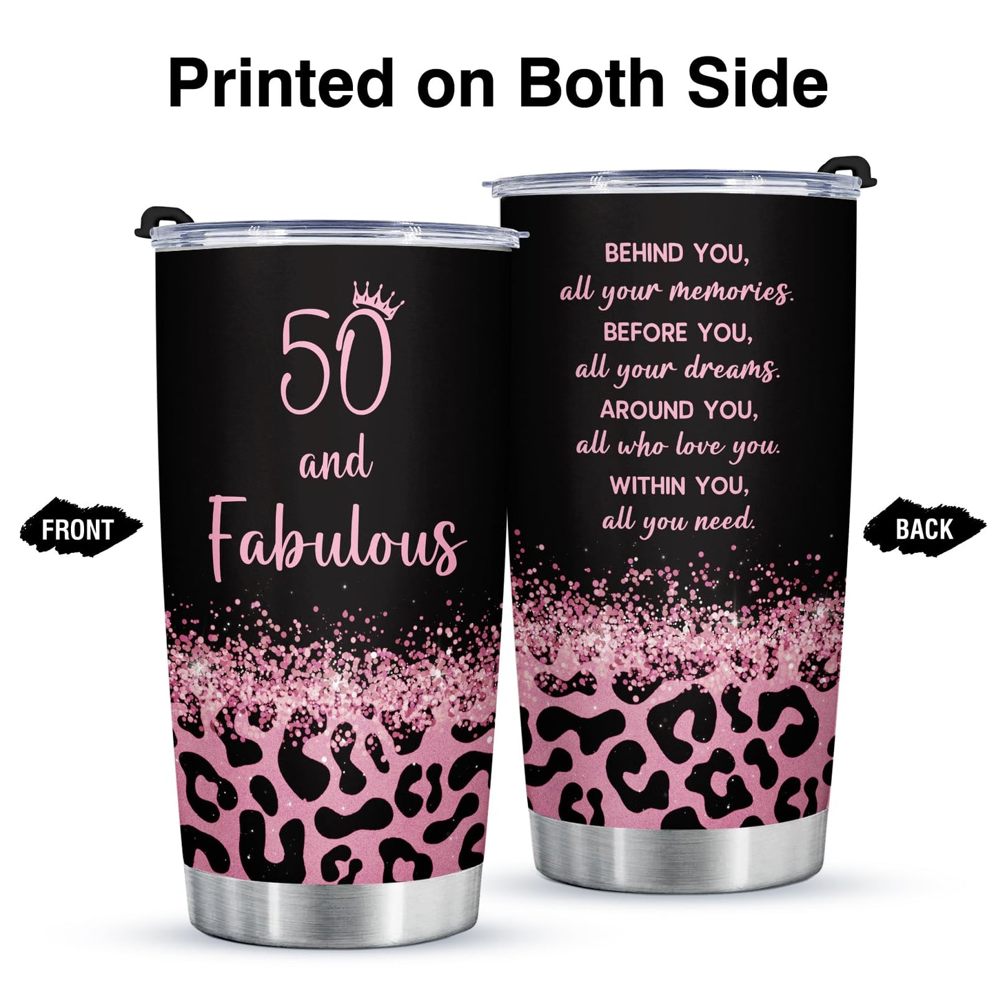 GoMelley 50th Birthday Gifts for Her, 50th Birthday Tumbler Gifts for Women, 50 Year Old Gift for Women Mom Friend Sister Wife, 50 and Fabulous Travel Mug, 20oz, Leopard