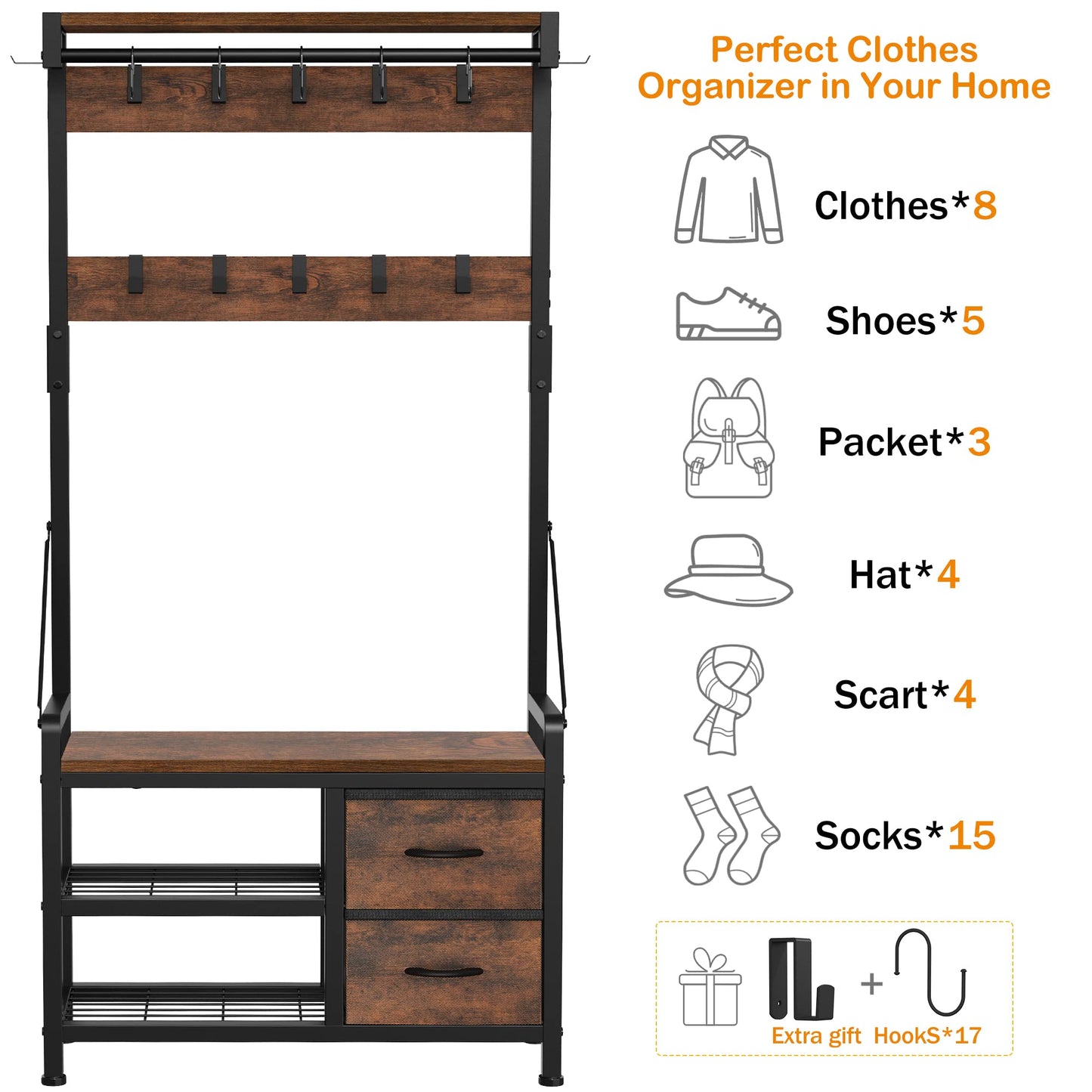 Lulive Hall Tree, 31.5” Entryway Bench with Coat Rack freestanding, 5 in 1 Intelligent Design Shoe Bench and Wall Rack 17 Hooks and Drawers (Rustic Brown)