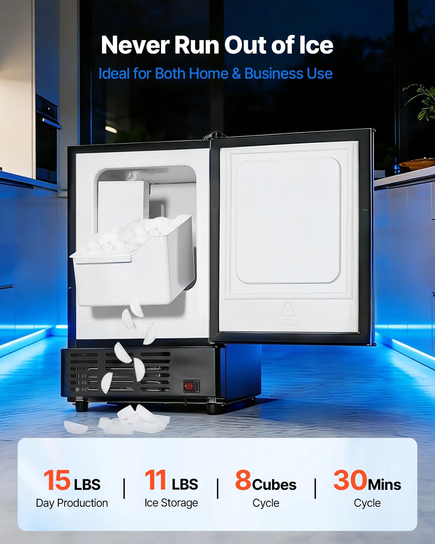VEVOR 15" W Under Counter Ice Maker, 15 LBS/Day Crescent Ice Maker Built-in with 11LBS Storage Bin & Reversible Door, Freestanding Ice-Making Machine for Commercial Home Kitchens - No Drain Required