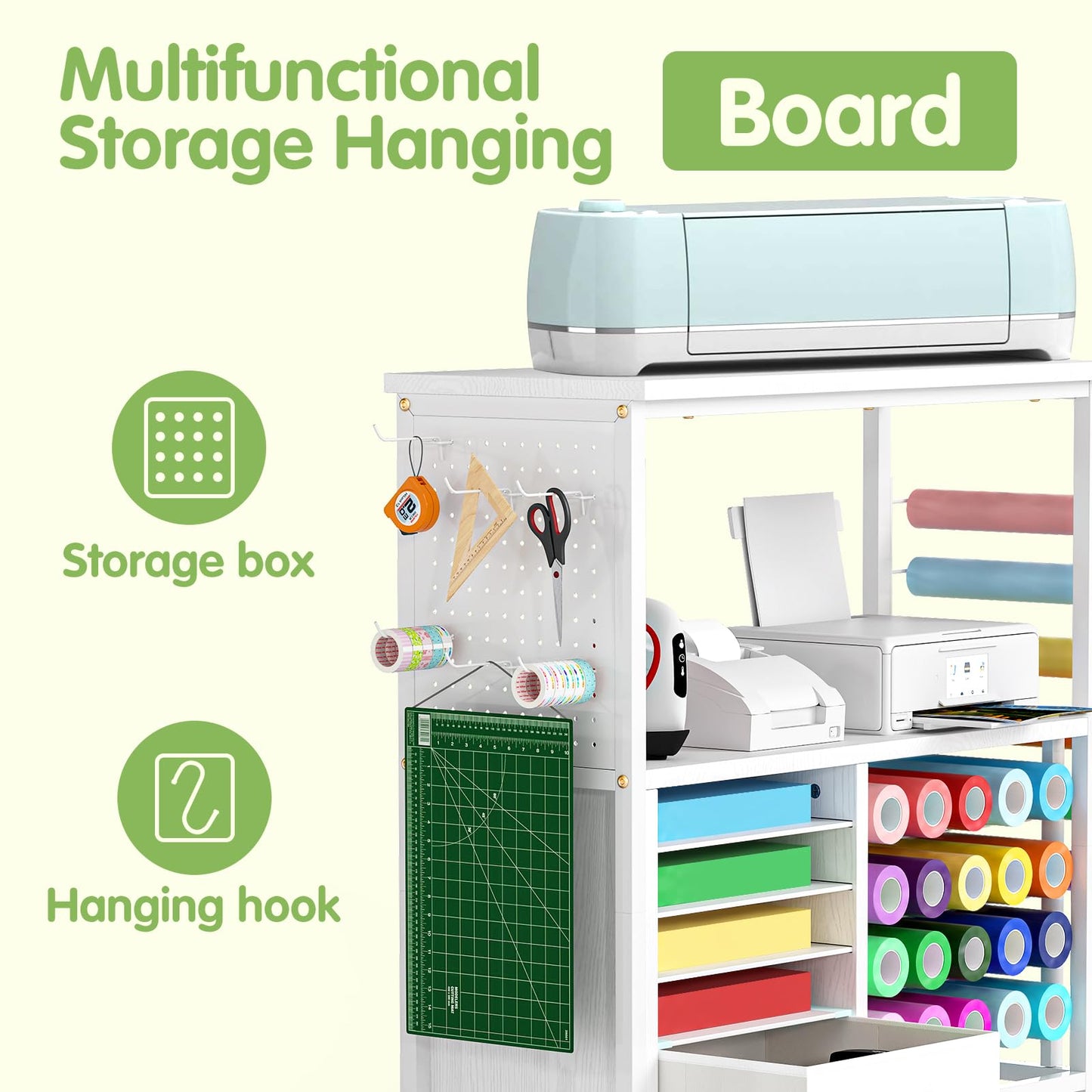 MASHELLY Craft Storage Cart, Compatible with Cricut Cutting Machines, Features a Vinyl Roll Holder and Drawers,A Mobile Storage Table for Crafting Tools and Accessories, Suitable for Studios, Offices