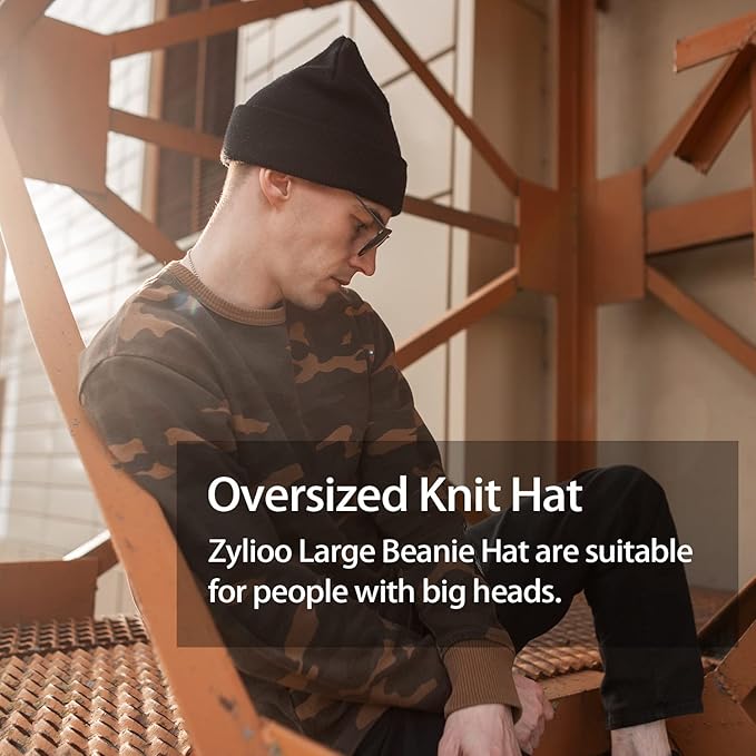 Zylioo Oversize Beanie Hats, XXL Big Size Ribbed Knit Cuffed Winter Hat for Cold Weather, Warm Skull Watch Cap