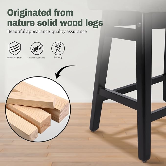 RNKSFX Counter Height Bar Stools Set of 2 for Kitchen Counter Farmhouse Modern Barstools with Faux Leather Upholstered Backless Seat and Solid Wood Legs 24 inch Bar Chairs, Grey + Black
