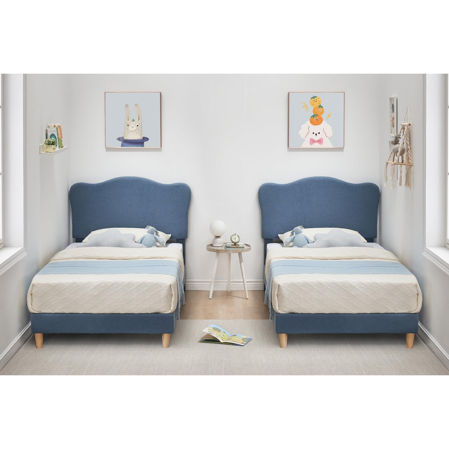 GarveeHome Upholstered Twin Size Bed Frame for Kids with Scallop Headboard, Cute Velvet Twin Bed for Girls, Boys, Sturdy Platform Bed, No Box Spring Needed, Wooden Slats, Noise Free, Blue