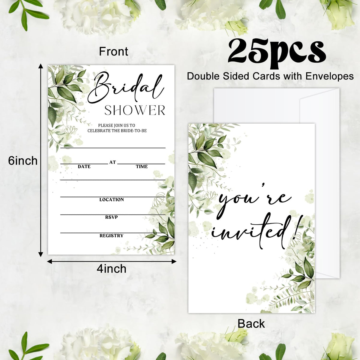 Greenery Bridal Shower Invitations Cards for Mr & Mrs, Wedding invitation Invite Cards, 25 Sets of Fill in 4 x 6 Inch Bridal Shower Invitation with Envelopes, Engagement Party Favor Supplies -04