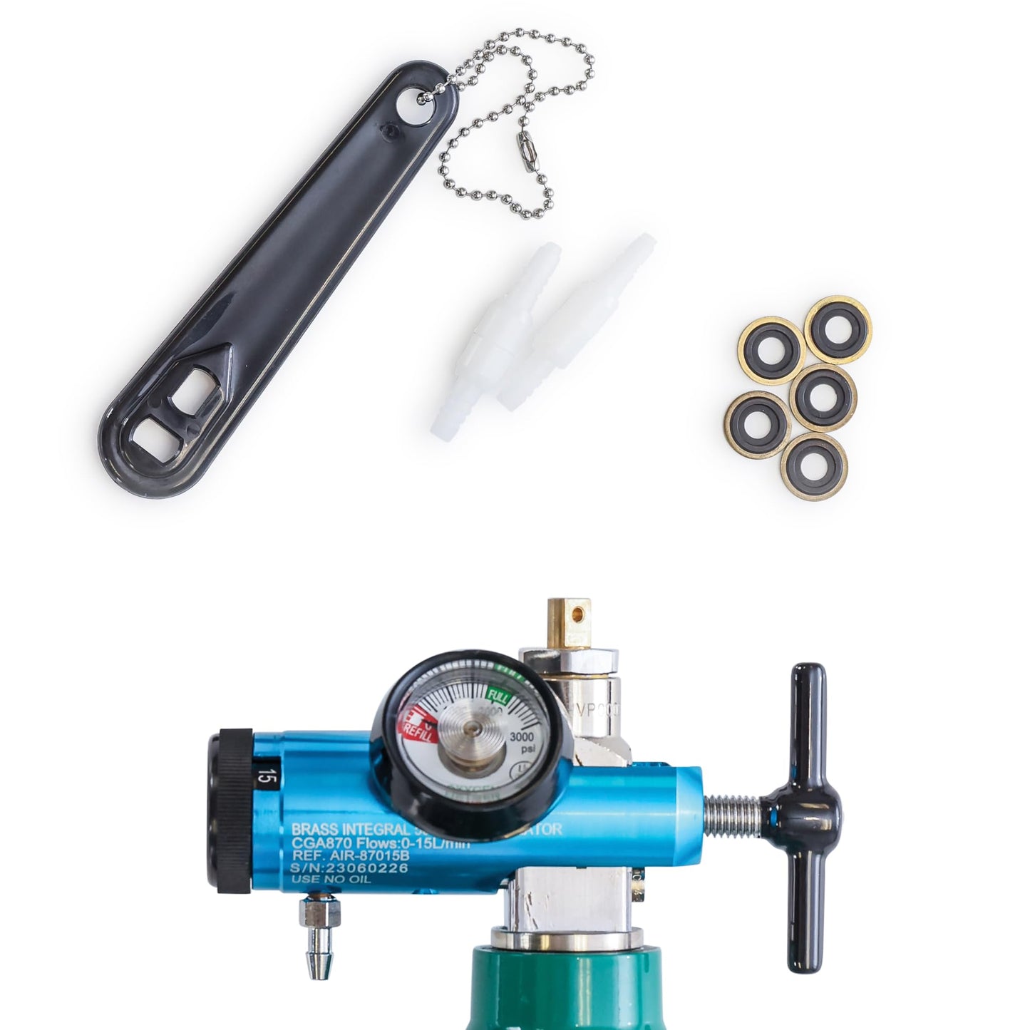AireMed Oxygen Regulator 0-15LPM, CGA-870 Gauge Flow Rate – Includes Wrench Key, 5 Brass Yoke Washer Seals, and 2 Oxygen Tubing Swivel Connectors - Ergonomic Handle Design – Blue