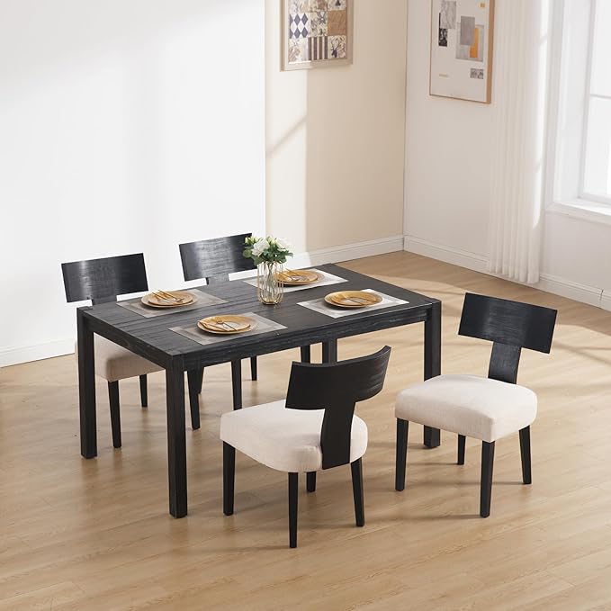 DM Furniture Farmhouse Dining Chairs Set of 4, Linen Fabric Upholstered Kitchen Chairs with Black Distressed Wooden Legs, Comfy Armless Side Chairs for Dining Room/Restaurant, Beige-Black Legs
