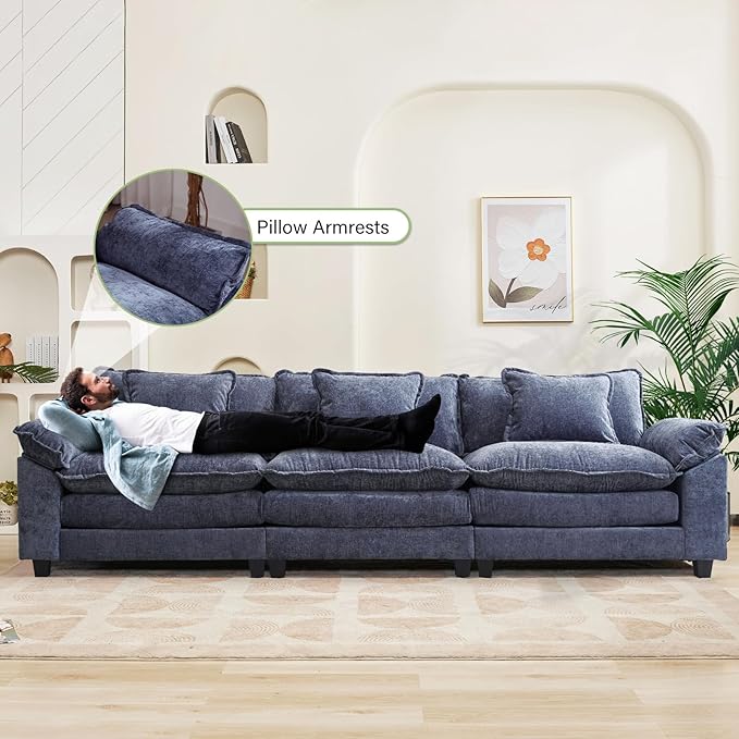 Oprisen 120" Modular Sectional Sofa, Comfy Cloud Couch Sectional, Chenille Sofa Sleeper Deep Seat Sofa with Throw Pillows for Living Room (Blue, 120"- 3 Seater)