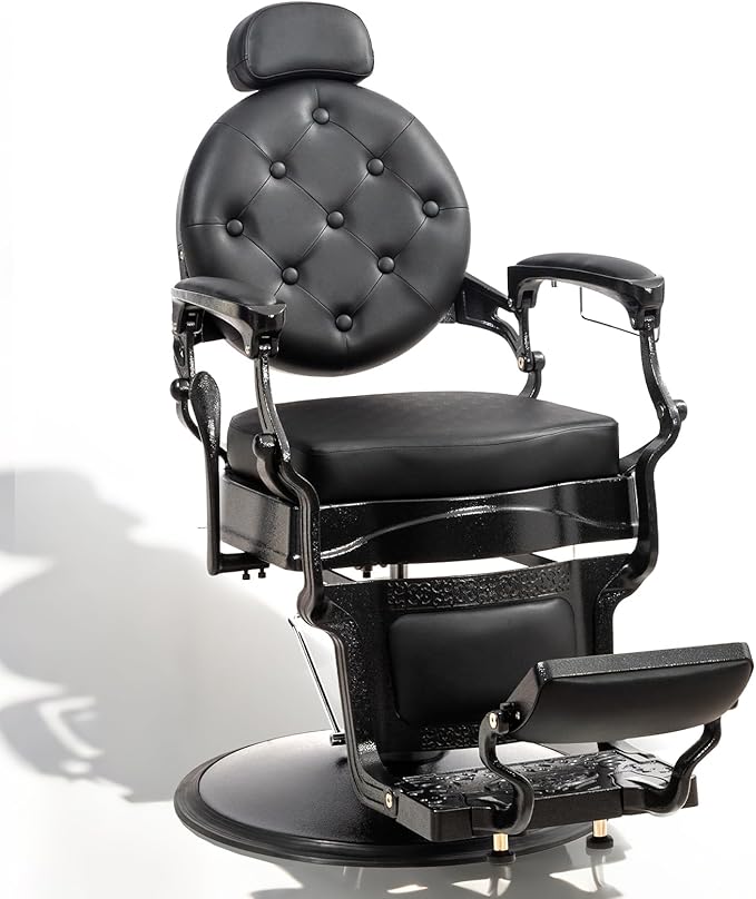 OmySalon Retro Barber Chair Heavy Duty, Aluminum Alloy Frame, Adjustable Headrest, Extra Wide Footrest, Hydraulic Salon Chair for Hair Stylist Reclining All Purpose for Beauty Spa Shampoo Styling