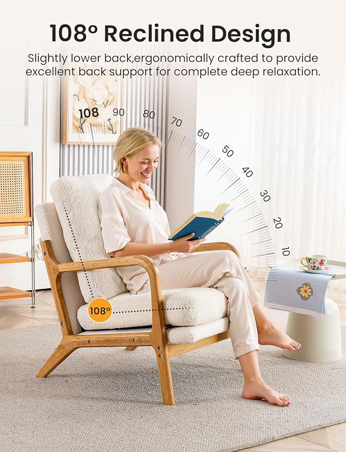 Mixcous Mid Century Modern Accent Chairs for Living Room, 23” Wide Comfy Chair for Bedroom, Small Cozy Sherpa Reading Chairs for Adults, 108° Lounge Arm Chair with Detachable Cover, 5.5" Foam Cushion