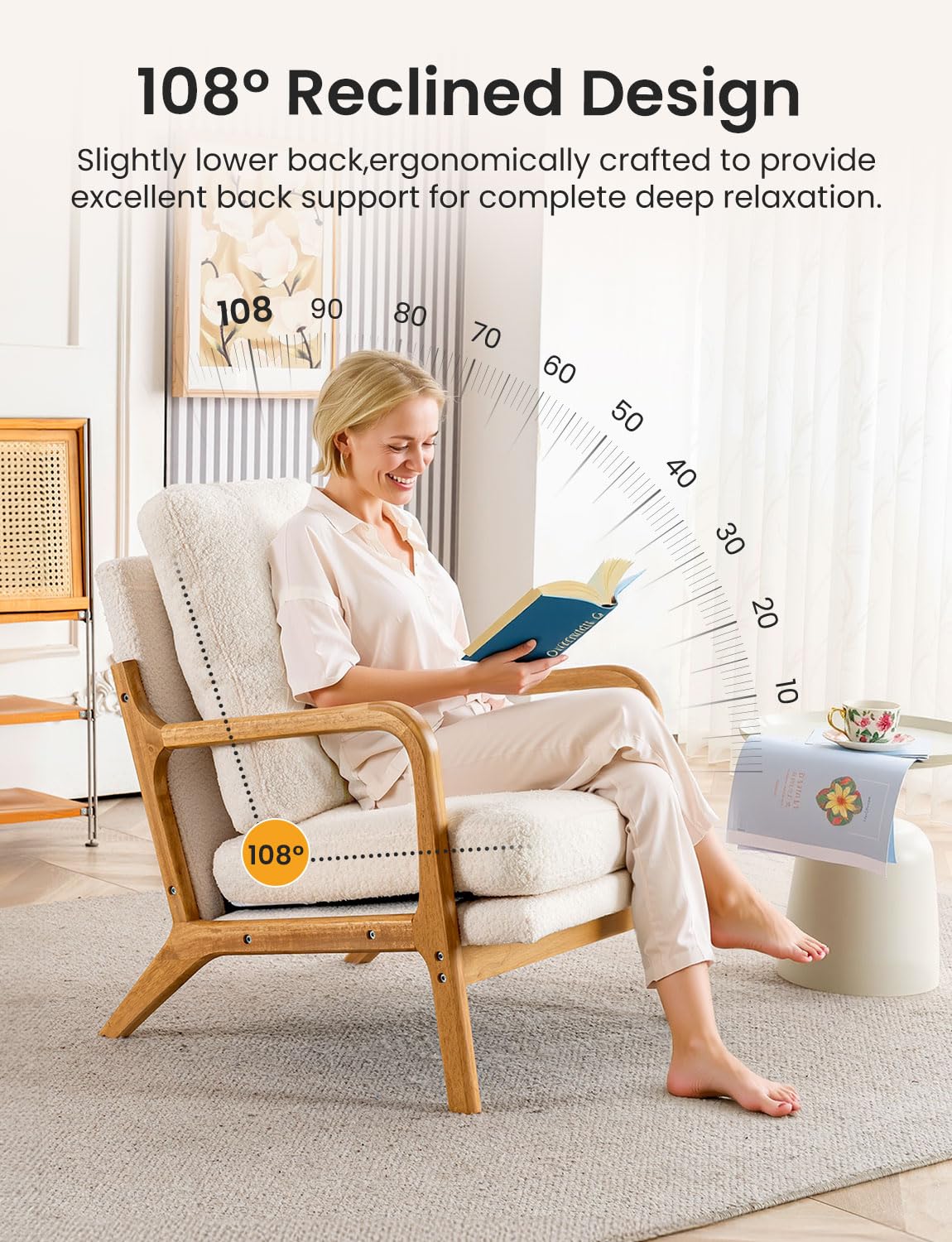 Mid Century Modern Accent Chairs for Living Room, 23” Wide Comfy Chair for Bedroom, Small Cozy Sherpa Reading Chairs for Adults, 108° Lounge Arm Chair Indoor with Detachable Cover, 5.5" Foam Cushion