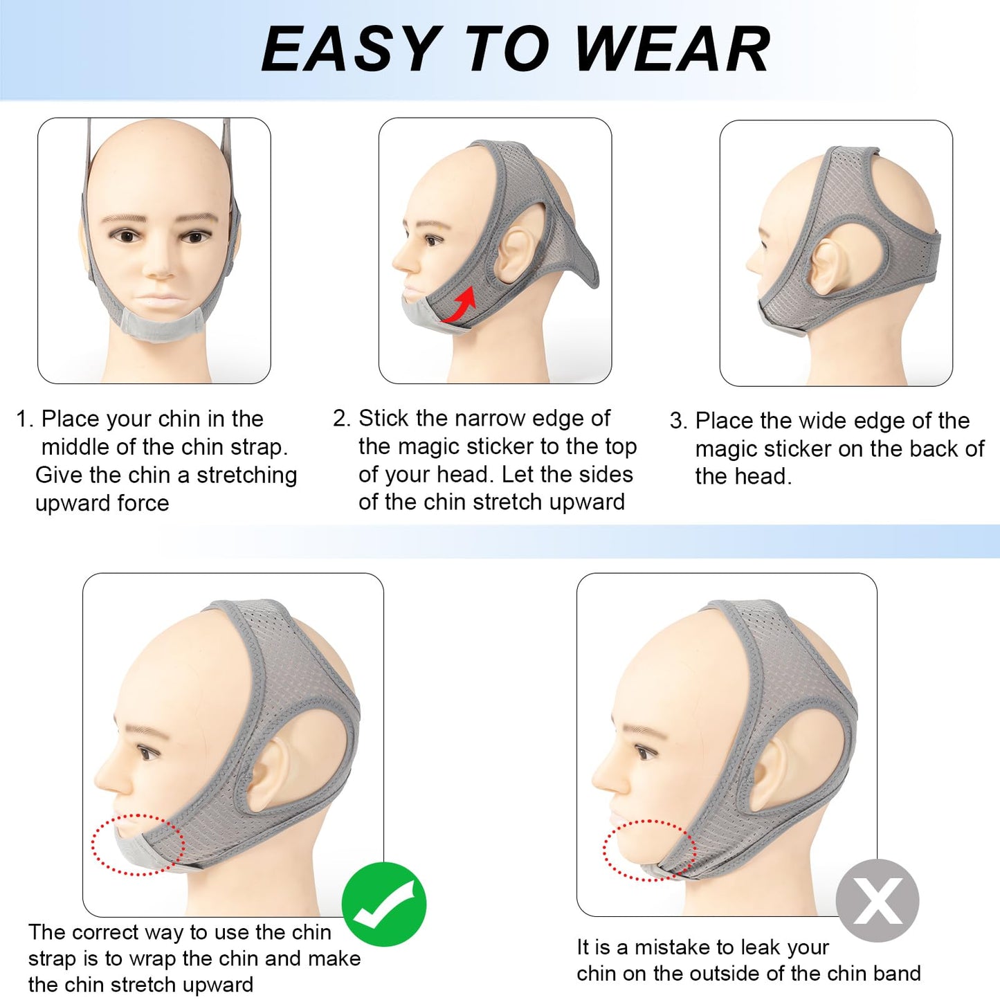 Forzacx Anti Snoring Chin Strap - Light Breathable Cpap Chin Strap Snoring Solution, Comfortable Chin Portion Widen Softer, Efficient Reduce Snoring, Adjustabl Sleep Chin Strap for Men Women - Grey