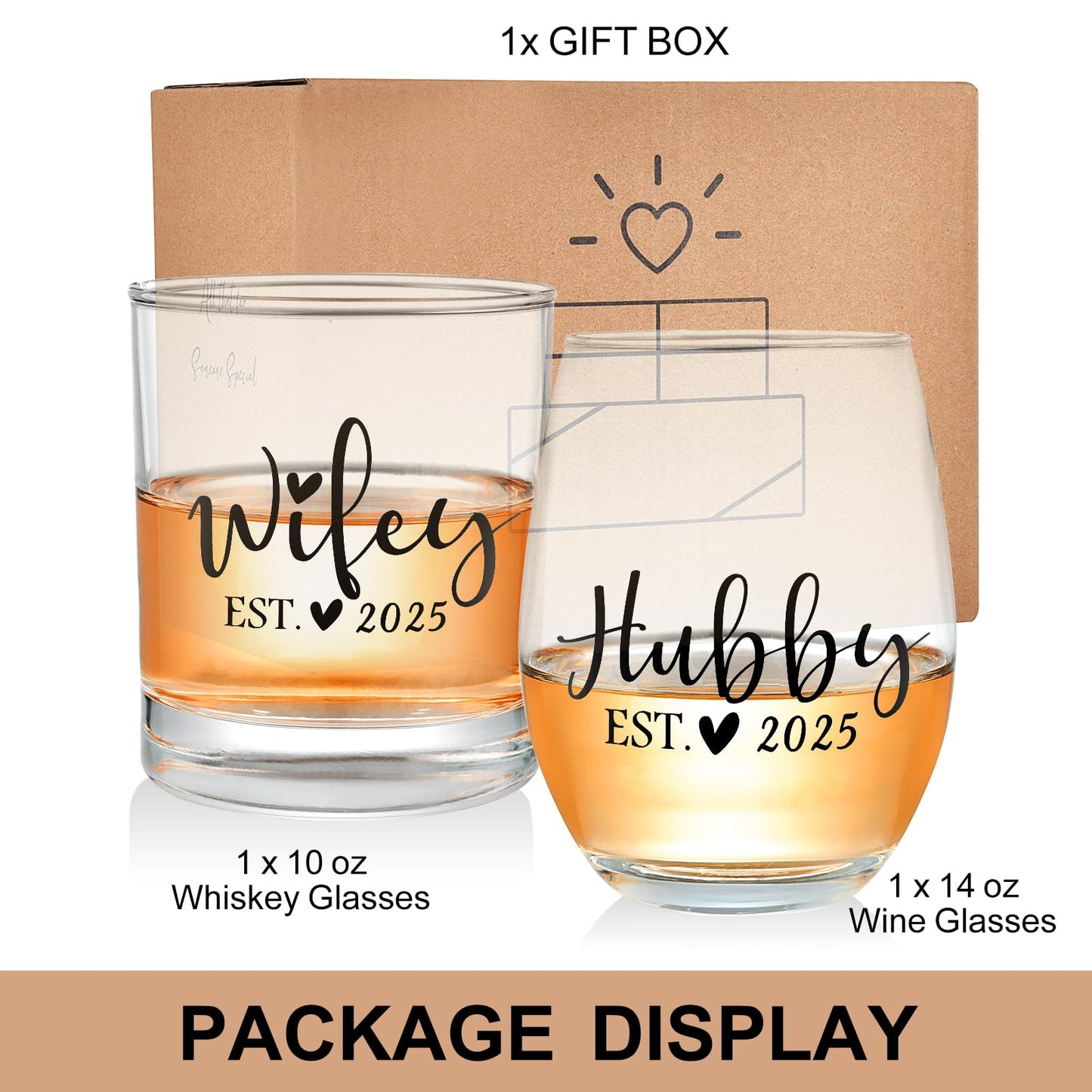Jacriah Wedding Gifts for Couples - Hubby & Wifey EST 2025 Wine and Whiskey Glass Set - Engagement, Bridal Shower Gift for Newlyweds Mr. Mrs.
