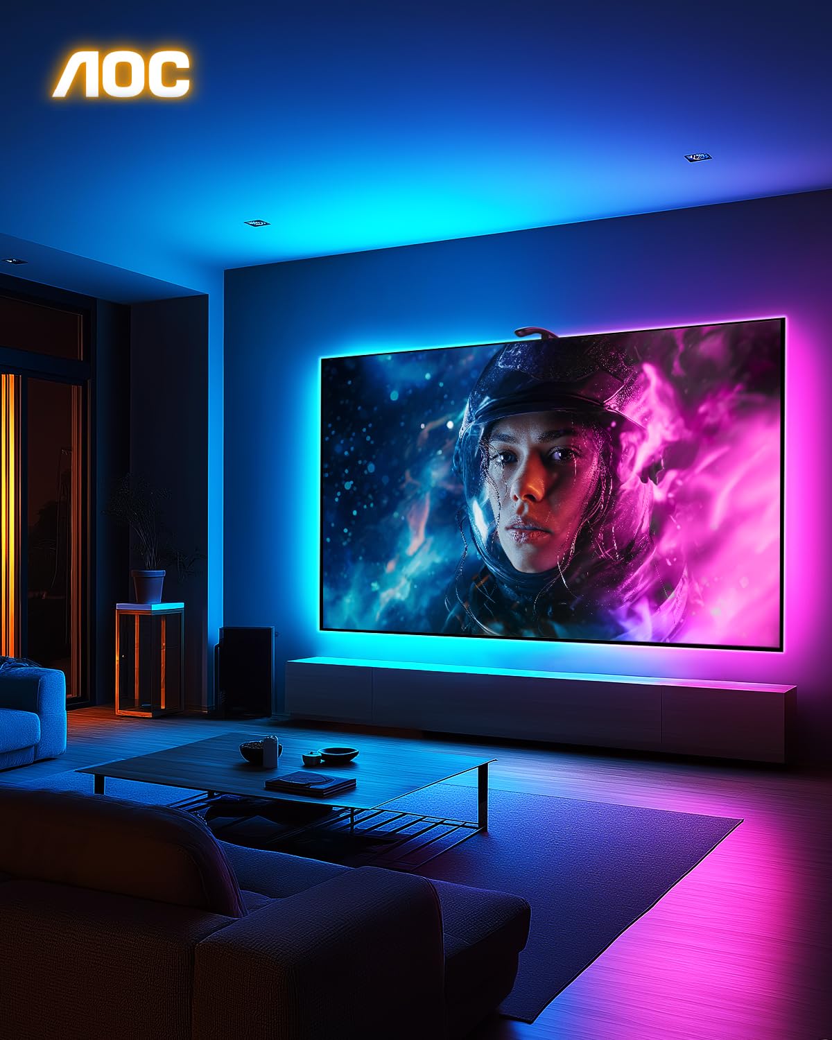 AOC TV LED Backlight, TV Lights That Change with TVs for 55-65 inch Screen, RGB Strip Lighting with Sensor, Syncs Behind The Monitor, Smart App Control, Movie Game Music & DIY Mode, 14.8FT