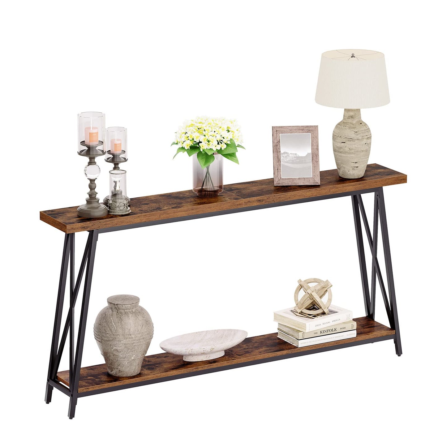 MAHANCRIS Console Table, 63" Industrial Entryway Table, Extra Long Sofa Table Behind Couch, X-Shaped Support, for Entryway, Hallway, Living Room, Rustic Brown CTHR4801Z