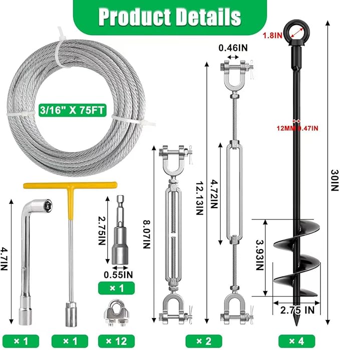 4 Pack 30" Heavy Duty Ground Anchors Shed Anchors Kit with 3/16" Galvanized Cable & M6 304 Stainless Steel Turnbuckles, Earth Anchors for Mobile Home Carport Gazebo Trampoline