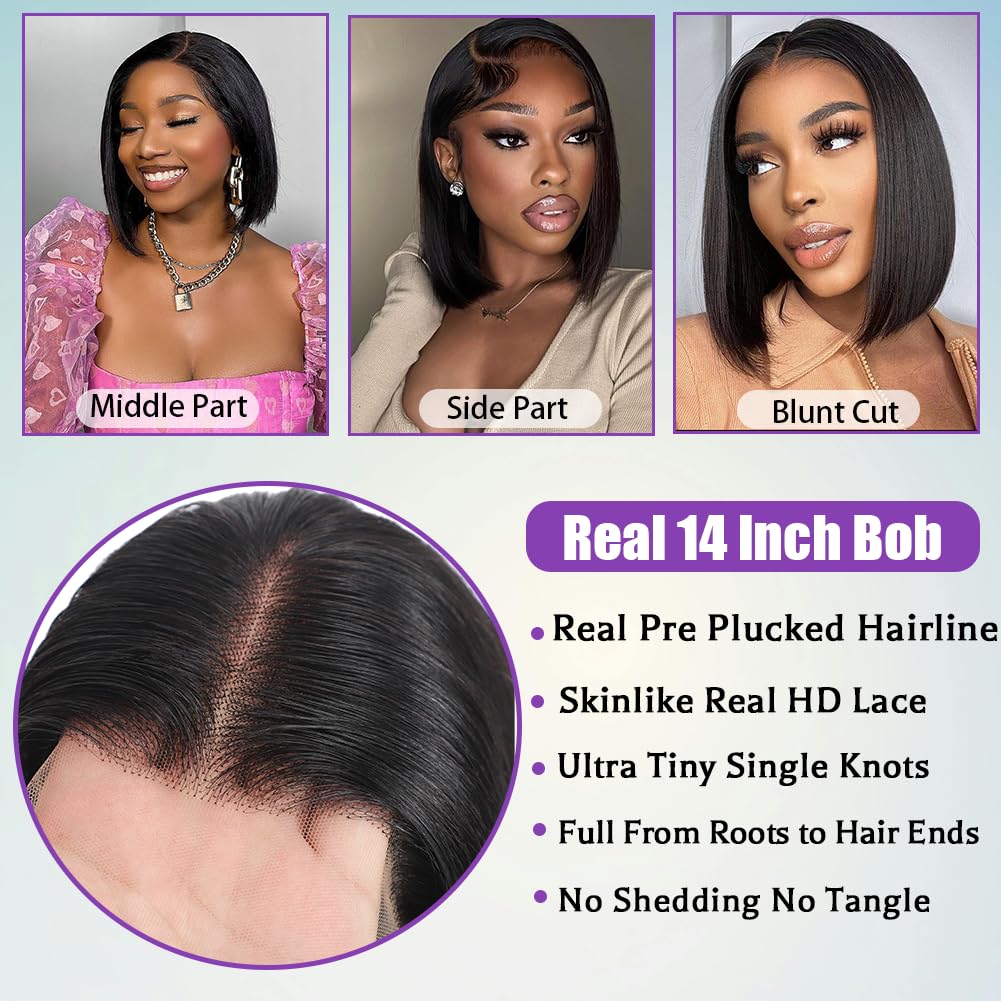 FATIAO 14 Inch Bob Wig Human Hair 13x6 Hd Transparent Lace Front Wigs Human Hair Pre Plucked Glueless Bob Wig 180% Density Short