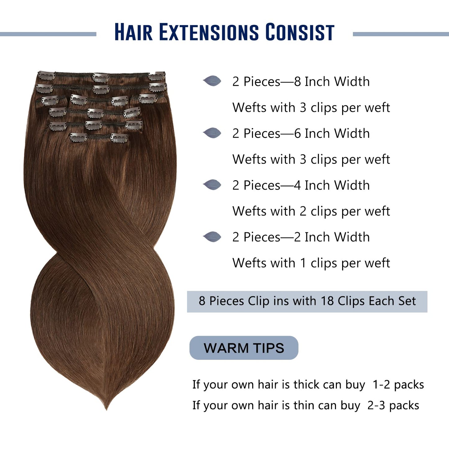 Sunya Clip-in Hair Extensions, 18 #4 Chocolate Brown, Real Human Hair, 8Pcs/120g, Straight, Clip-in Extension