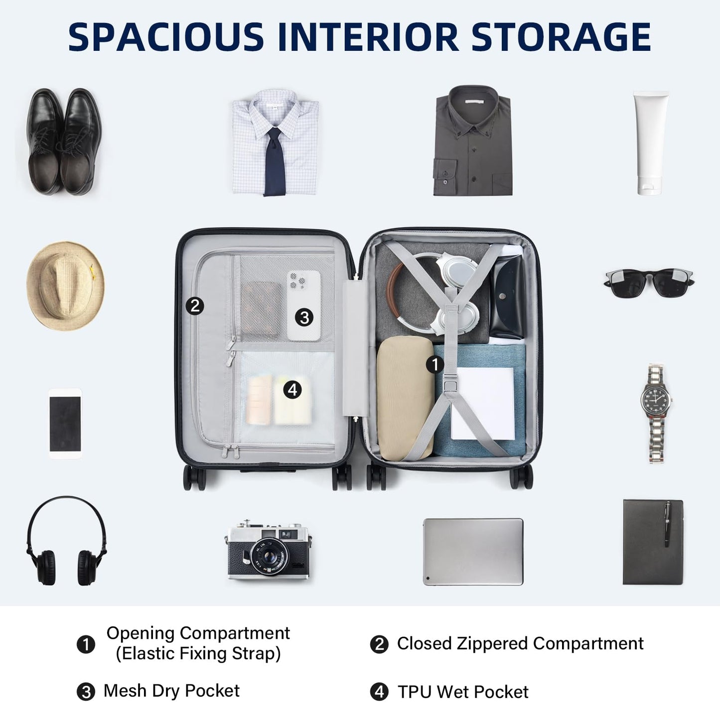 HanTrip Hard Shell Suitcases Airline Approved 20 Inch Carry on Luggage, Expandable Travel Luggage Carry on Luggage with Cup Holder Charger Built in, Lightweight Small Suitcases with Wheels, White