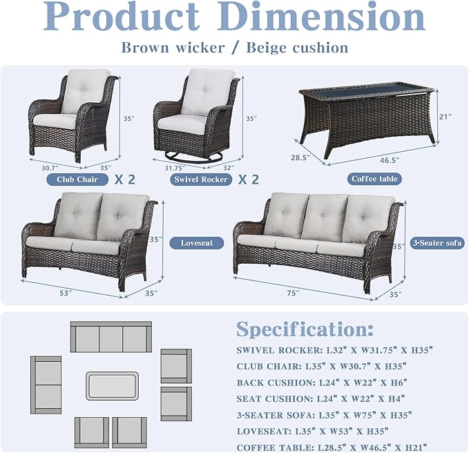 Belord Outdoor Wicker Furniture Patio Set - 7 Piece Backyard Furniture Brown Rattan Conversation Sets with Swivel Rocker Chairs, Rattan Sofa, Club Chairs and Coffee Table, Beige Cushion
