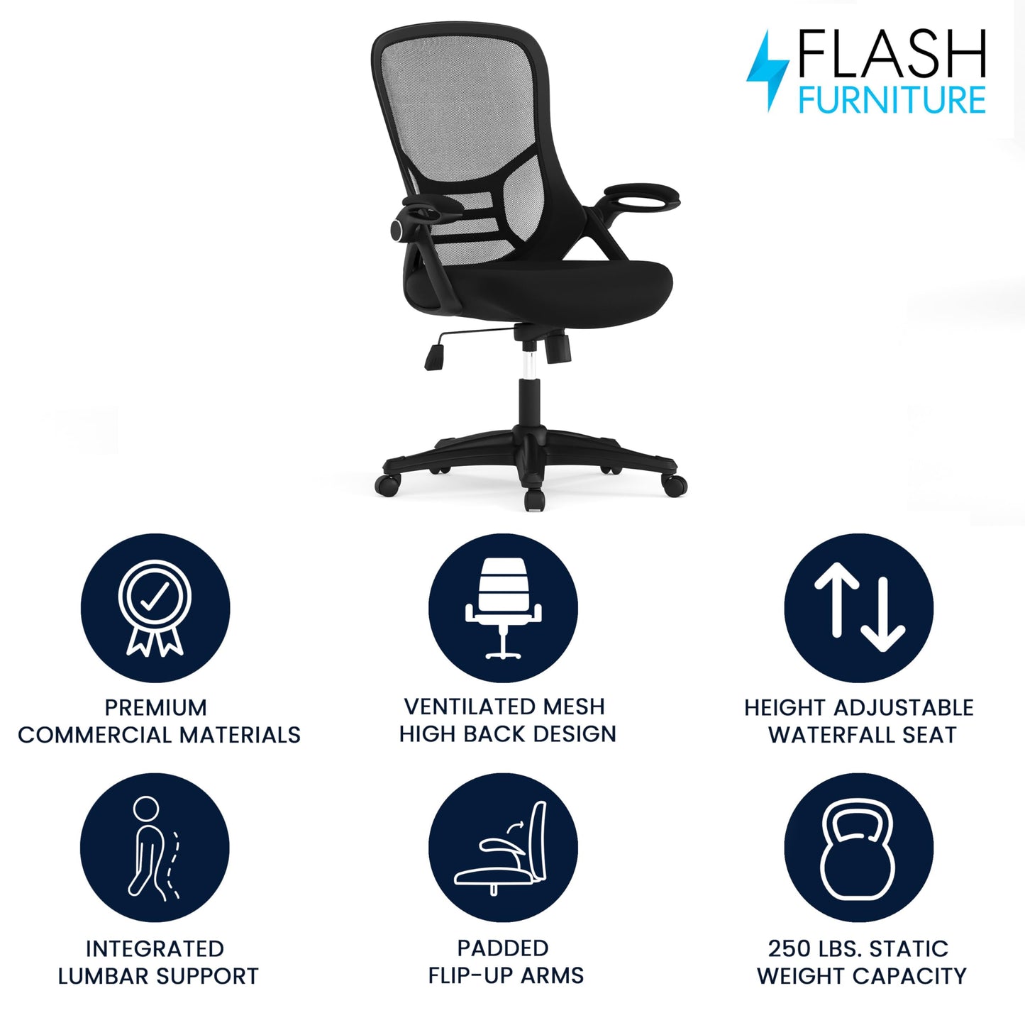 Flash Furniture Porter High Back Black Mesh Ergonomic Swivel Office Chair with Black Frame and Flip-up Arms
