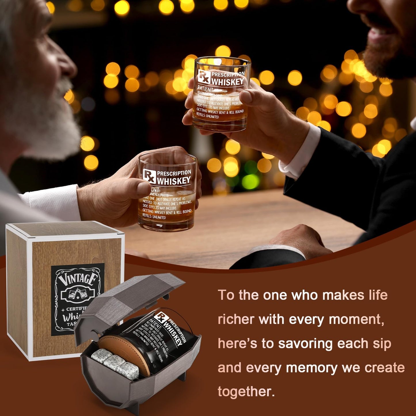 WelDesine Prescription Whiskey Glass, Funny Rocks Glass & Bourbon Barrel Set for Brother Boyfriend Father Husband Coworker on Christmas & Birthday, White Elephant Cool Gag Gifts for Men