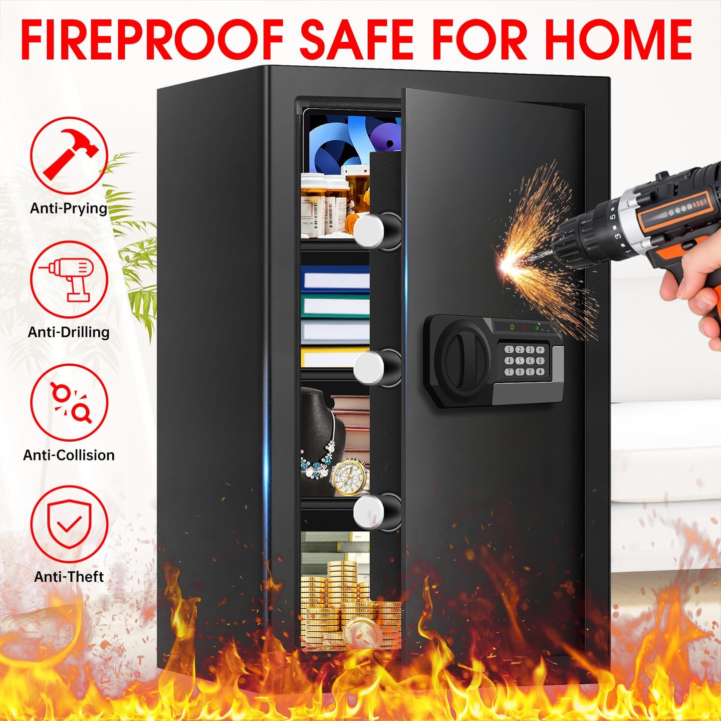 5.1 Cuft Large Home Safes Water and Fireproof with Digital Keypad & Key Lock, Fire Security Safes with 3 Removable Shelves, Anti-Pry Safe Box for Money Documents Jewelry, 23.62"H x14.96"W x 12.2"D