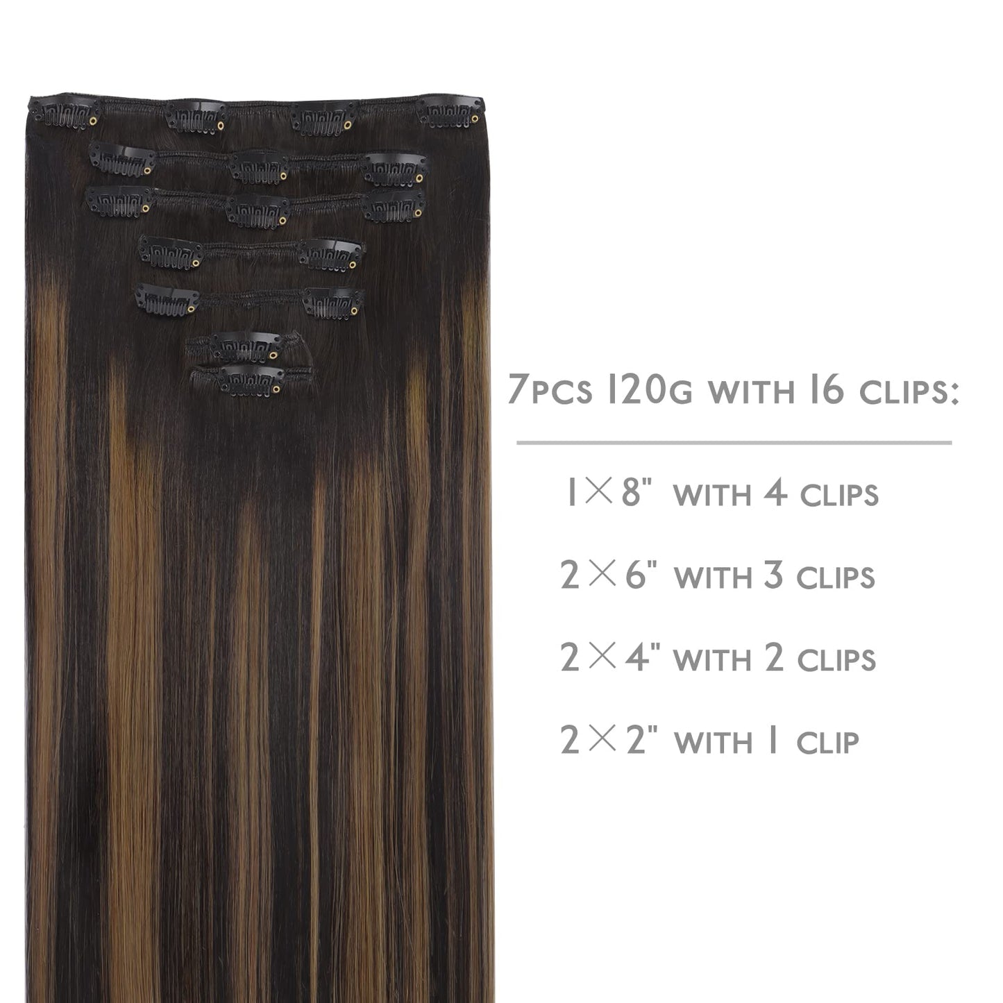 WENNALIFE Clip in Hair Extensions Real Human Hair, 22 Inch 120g 7pcs Remy Hair, 24 Inch 120g 7pcs Natural Black to Chestnut Brow