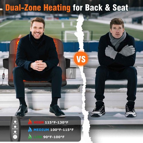 Suteck Dual-Side Heated Stadium Seat with Back Support, 25" Wide Cushion, Foldable Bleacher Chair W/USB 3-Level Heating, 5 Storage Pockets – Portable Stadium Chair for Outdoor Bleachers Camping Games
