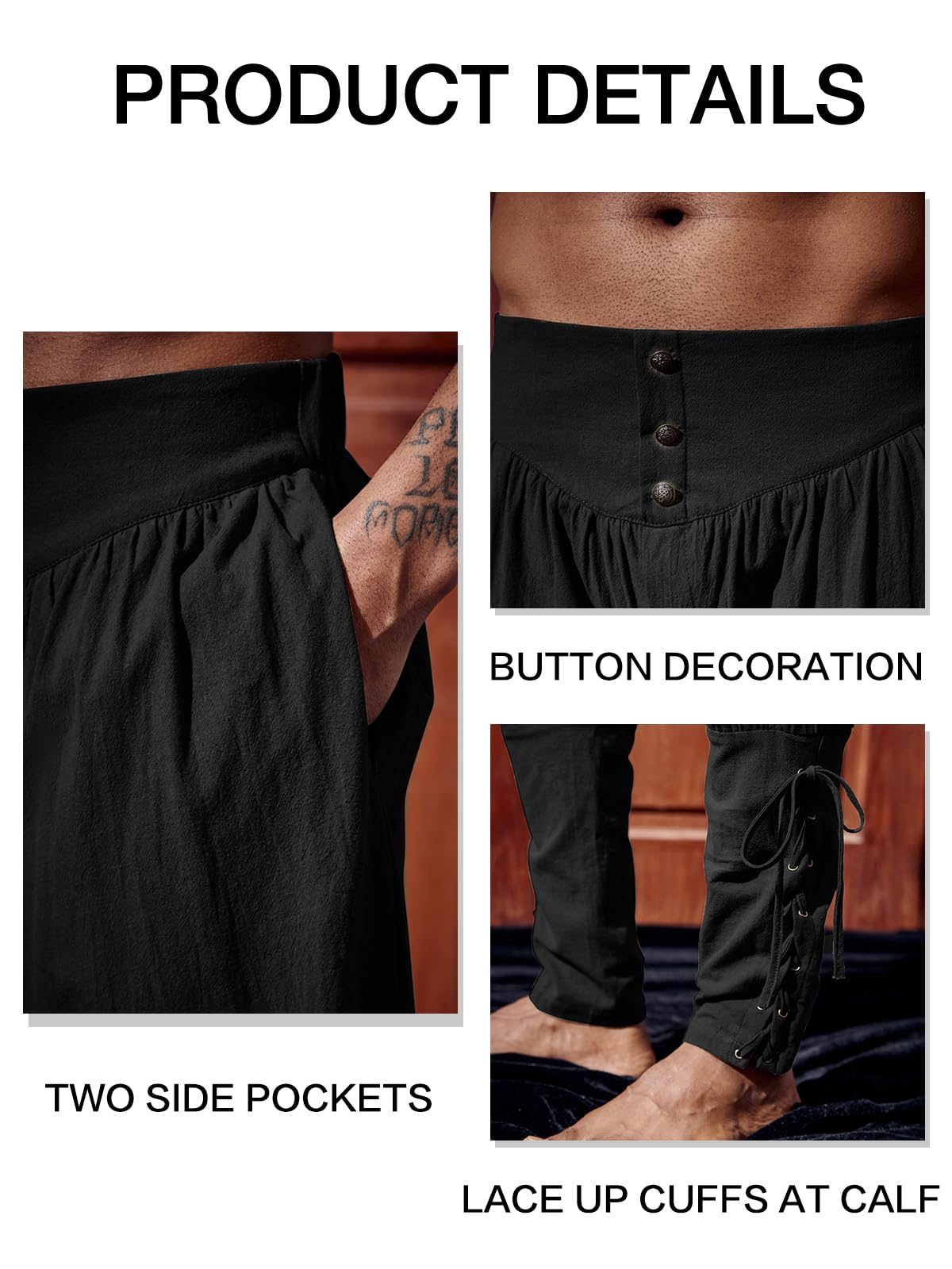 Runcati Mens Medieval Ankle Pants Renaissance Viking Pirate Lace Up Tapered Halloween Linen Costume Trousers Black