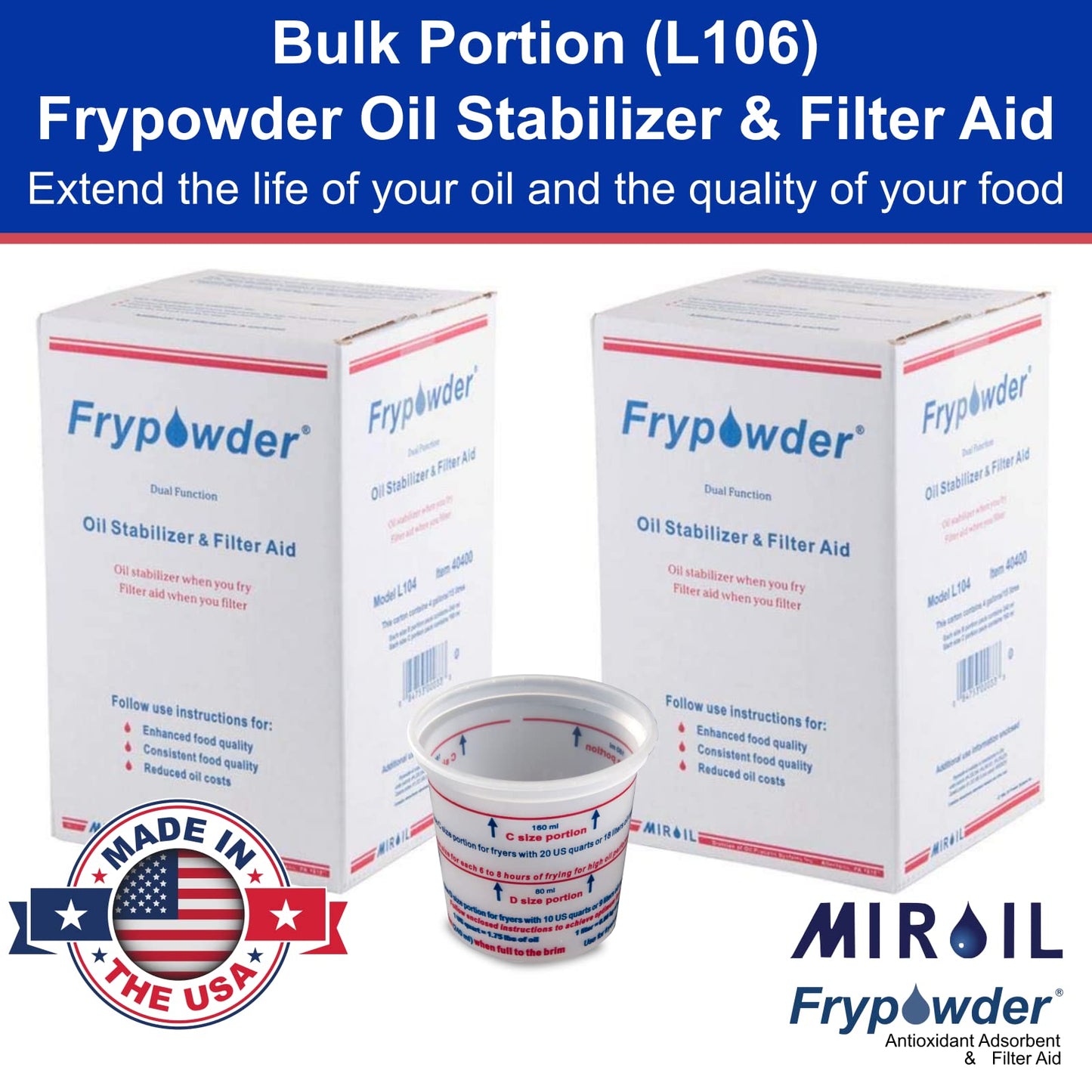 MirOil L106 Fry Powder Oil Stabilizer and Filter Aid, Deep Fryer Cooking Oil Saver, Removes Fryer Grease Contaminants & Carbon Deposits, Helps Save Grease, 2 x 4 Gallons of L104 (8Gallons) Fry Powder