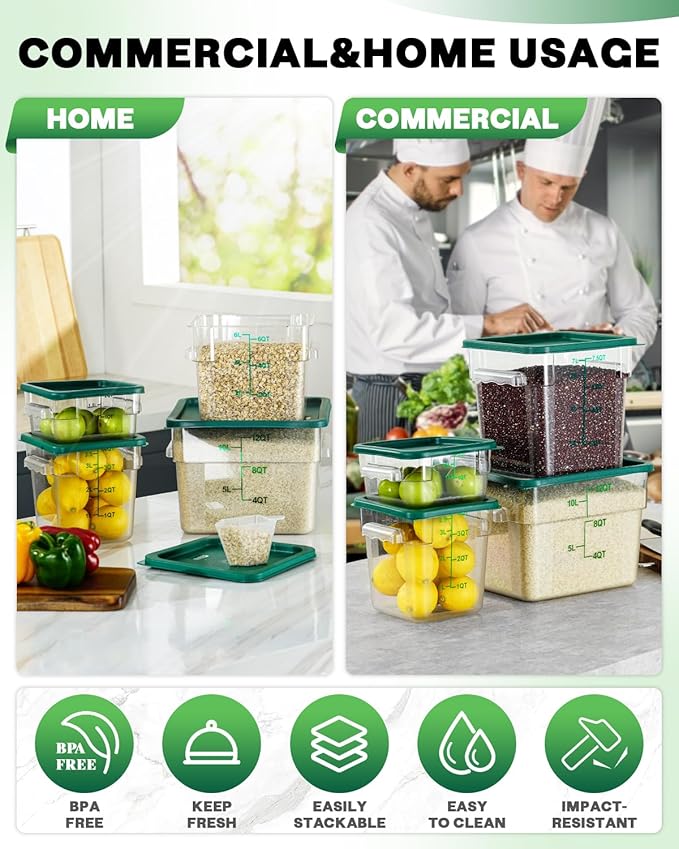 2&4QT NSF Food Storage Containers with Lids: 6 PCS [Total Food Grade][Hot&Cold Resistant] Commercial Clear Food Storage Containers for Restaurant Kitchen Proof Dough, Measuring Spoons Included(Green)
